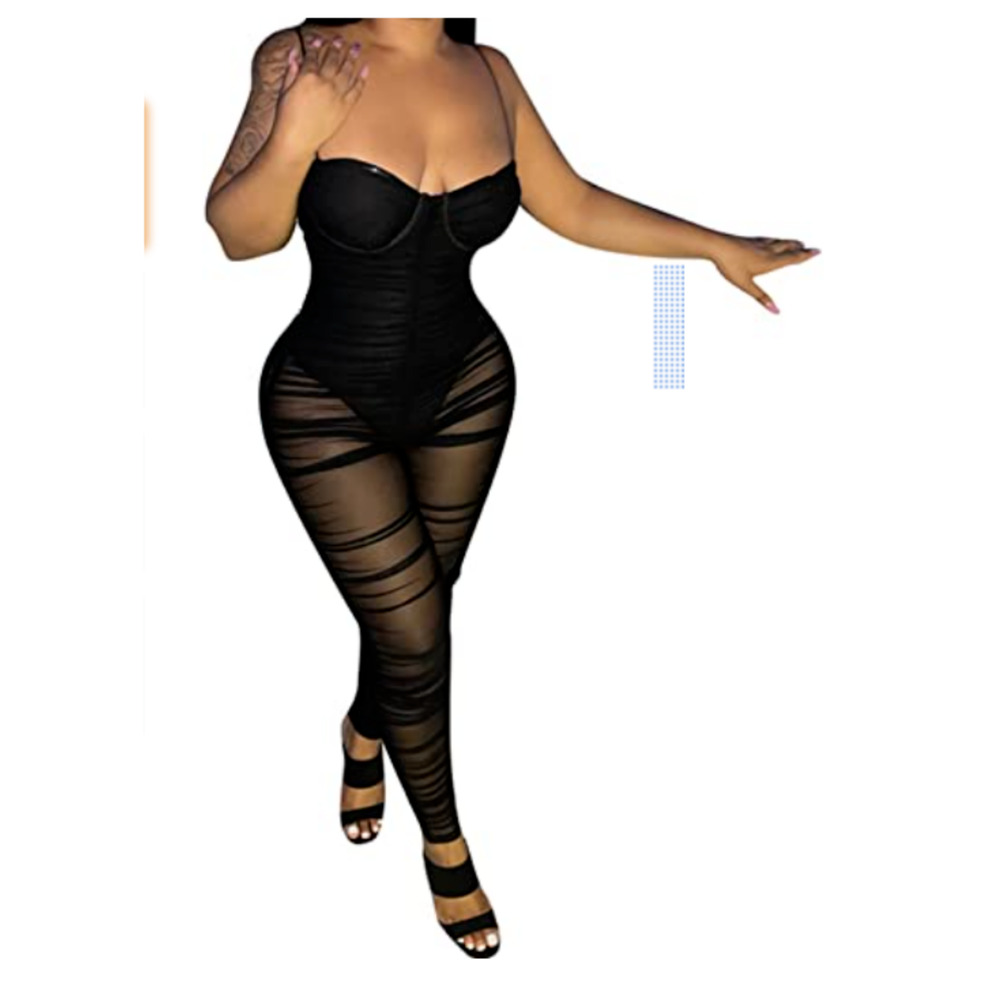 Choichic Womens Sexy‎ Spaghetti Strap Sleeveless Sheer Mesh Black, (Size XL)